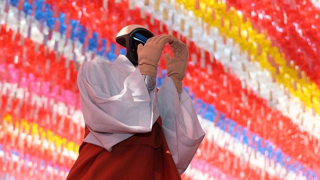 Gabi, a Unitree G1 humanoid robot, during its ordination ceremony at Jogyesa Temple in Seoul. Photo: Yonhap