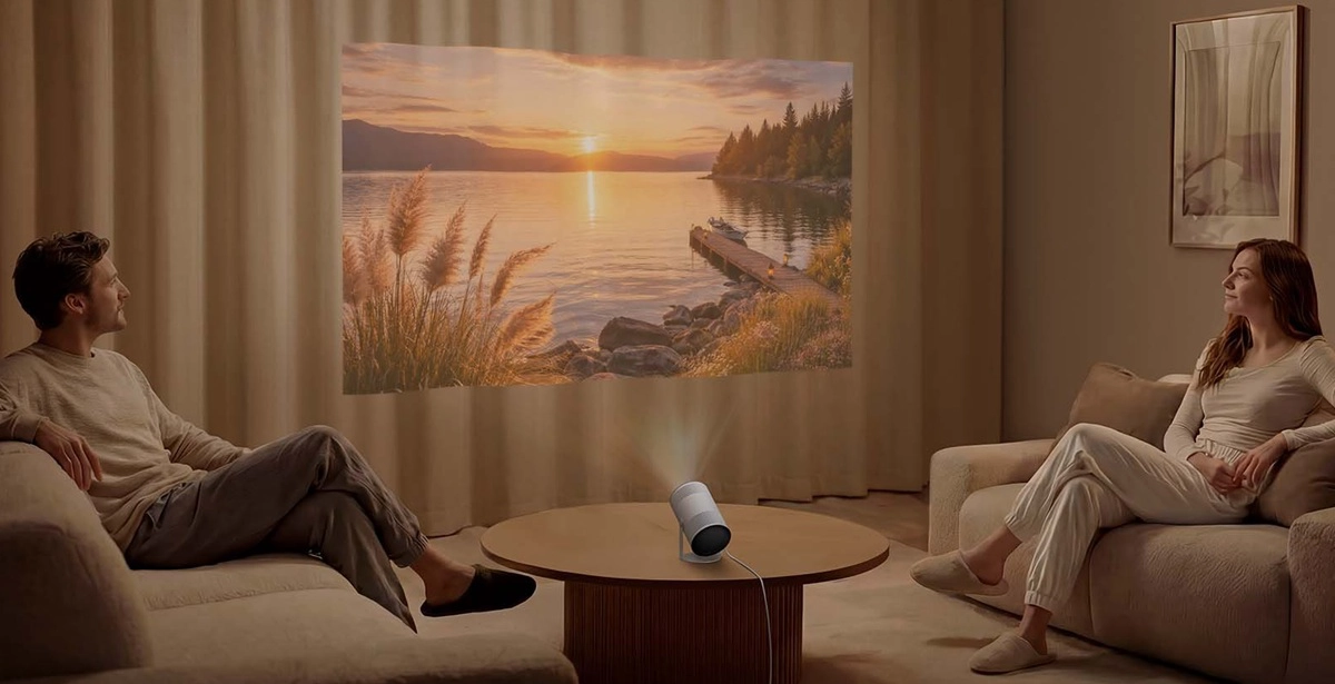 Samsung The Freestyle+ — the 180° rotating stand allows projection onto walls, floors, or ceilings.