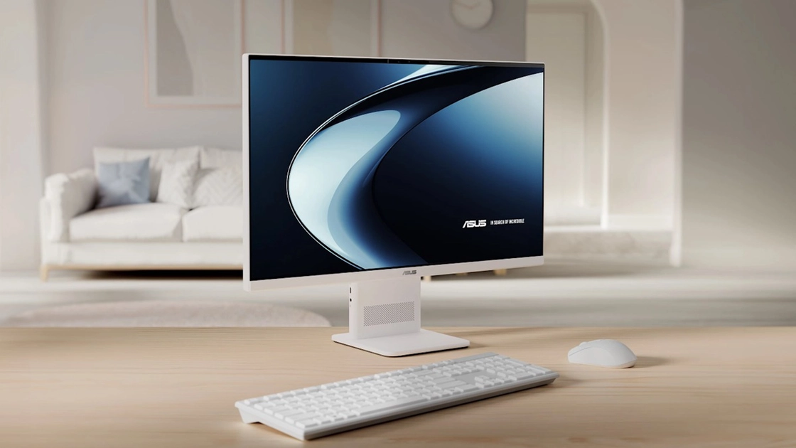 Le ASUS VM441 en blanc mat : chassis ultra-fin, sans ventilateur, avec écran tactile Full HD de 23,8 pouces.