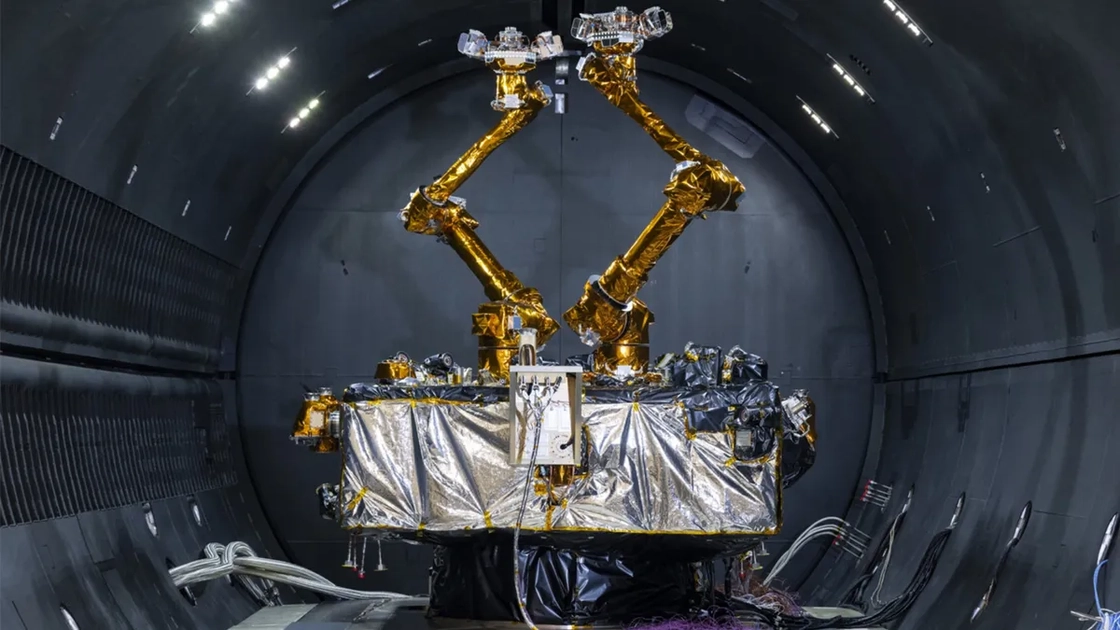 DARPA's RSGS spacecraft features dual robotic arms developed by the Naval Research Laboratory, mounted on Northrop Grumman's Mission Extension Vehicle platform.
