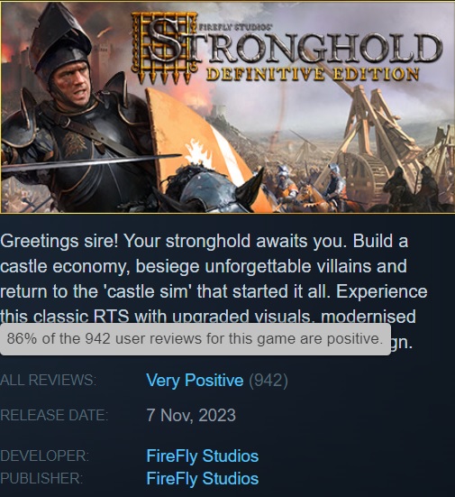 Le classique de la stratégie n'a pas perdu de sa pertinence : Les utilisateurs de Steam ont fait l'éloge de Stronghold : Definitive Edition et recommandent de s'y intéresser.-2