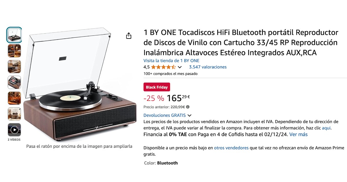 1 BY ONE Tocadiscos HiFi Bluetooth portátil con un descuento de 55€!