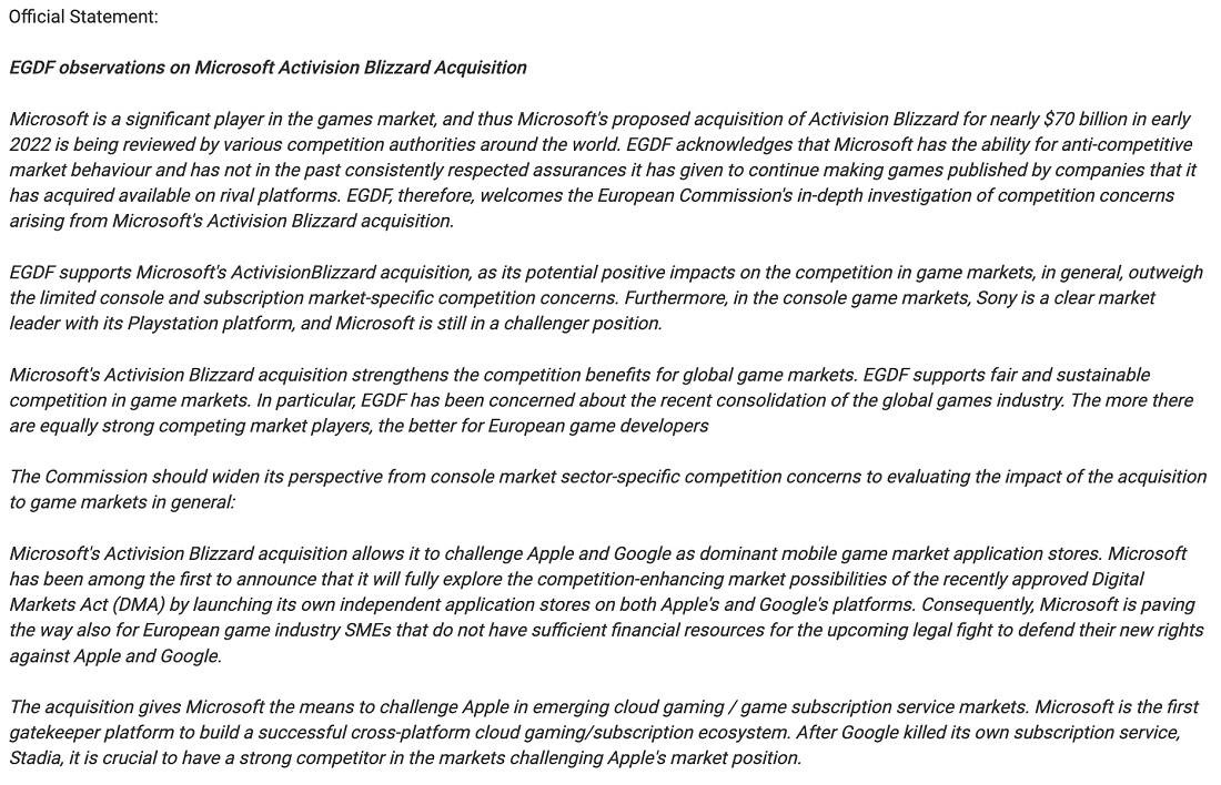 Der Europäische Verband der Spieleentwickler (EGDF) hat sich für die Vereinbarung zwischen Microsoft und Activision Blizzard ausgesprochen-2