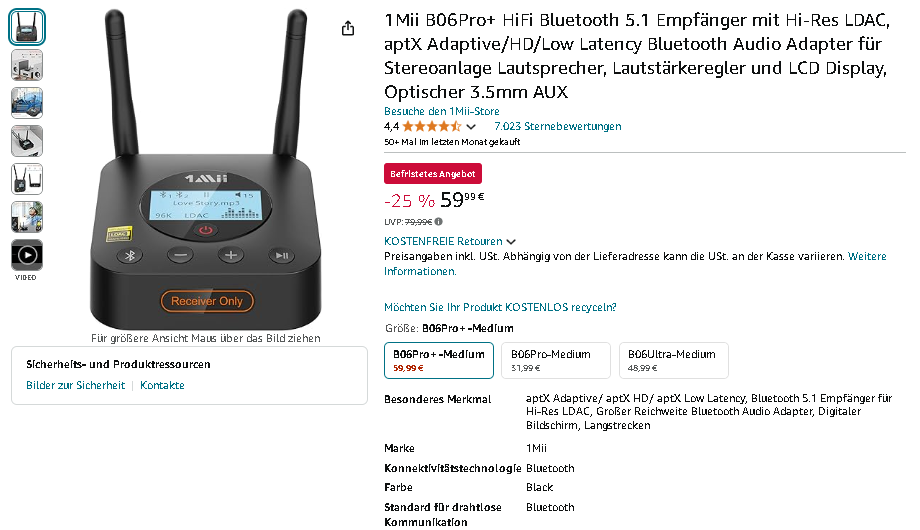 Screenshot der 1Mii B06Pro+ Bluetooth Audio Adapter