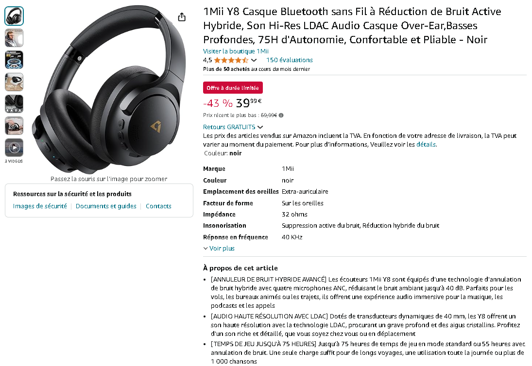 Casque 1Mii Y8 - réduction de bruit hybride et qualité audio