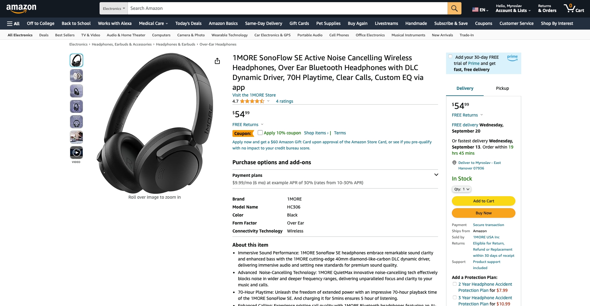 1MORE SonoFlow SE Active Noise Cancelling Wireless Headphones, Over Ear  Bluetooth Headphones with DLC Dynamic Driver, 70H Playtime, Clear Calls