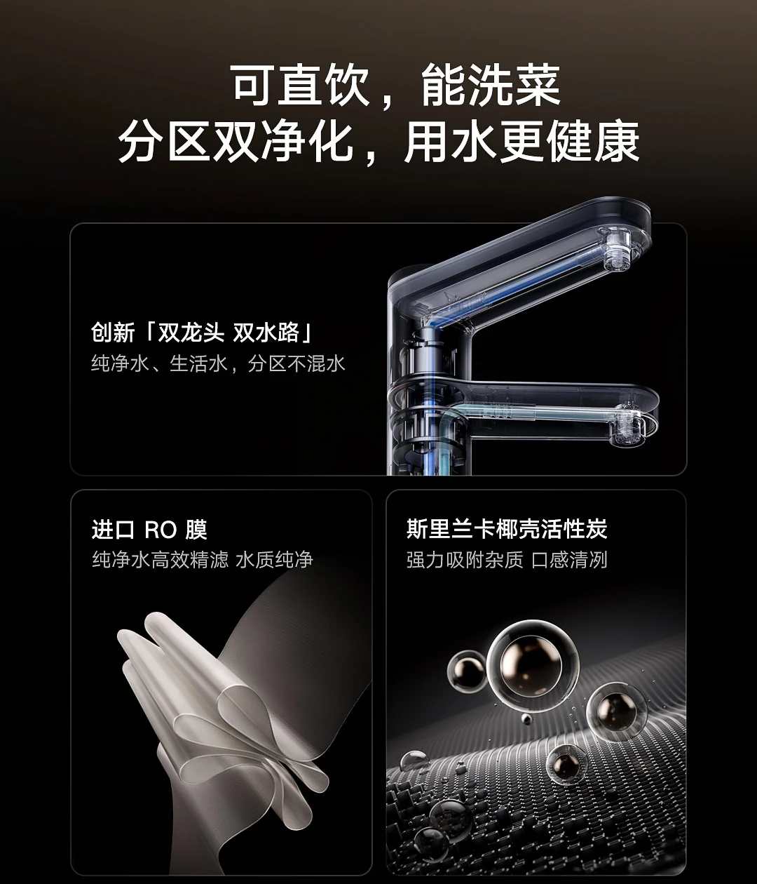 Xiaomi Mijia Water Purifier Pro faucet: separate drinking and household water, filtration through RO membrane and activated carbon.