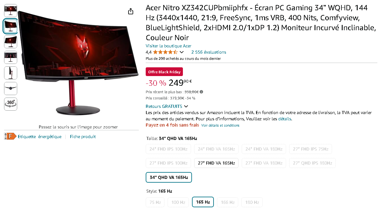 Capture d'écran du moniteur gaming Acer Nitro XZ342CUP sur Amazon