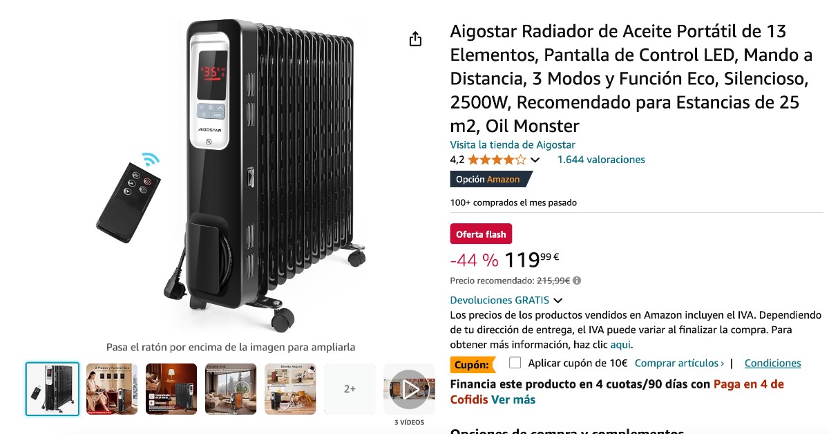 ¡Aigostar 13 Elemento Portátil Radiador de Aceite para limitada 96€ descuento !