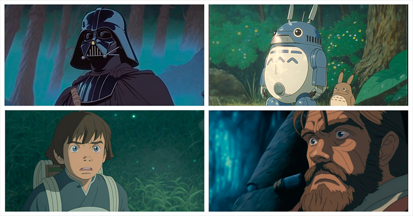 Le réseau neuronal Nijijourney représente les personnages emblématiques de Star Wars dans le style du Studio Ghibli