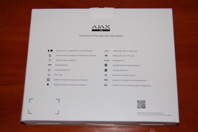 The box for Ajax Hub (back view)