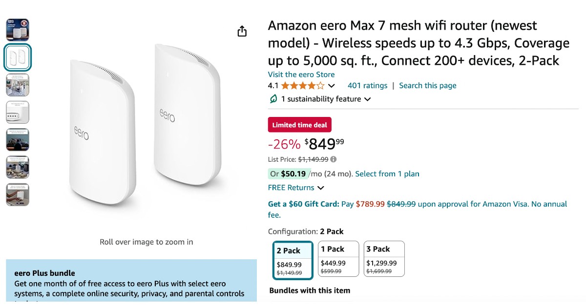 Amazon eero Max 7 mesh wifi router - NOW $300 OFF!