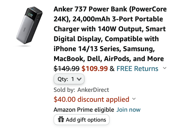 Anker 737 Power Bank (PowerCore 24K), 24,000mAh 3-Port Portable