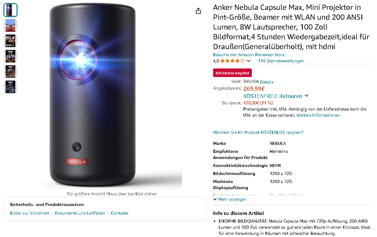 Anker Nebula Capsule Max Projektor