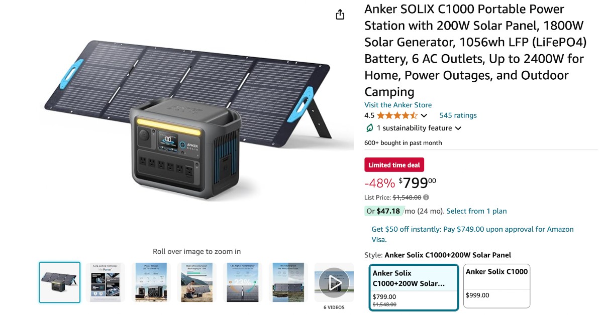 Anker SOLIX C1000 Portable Power Station with 200W Solar Panel - Now $749 Discount!