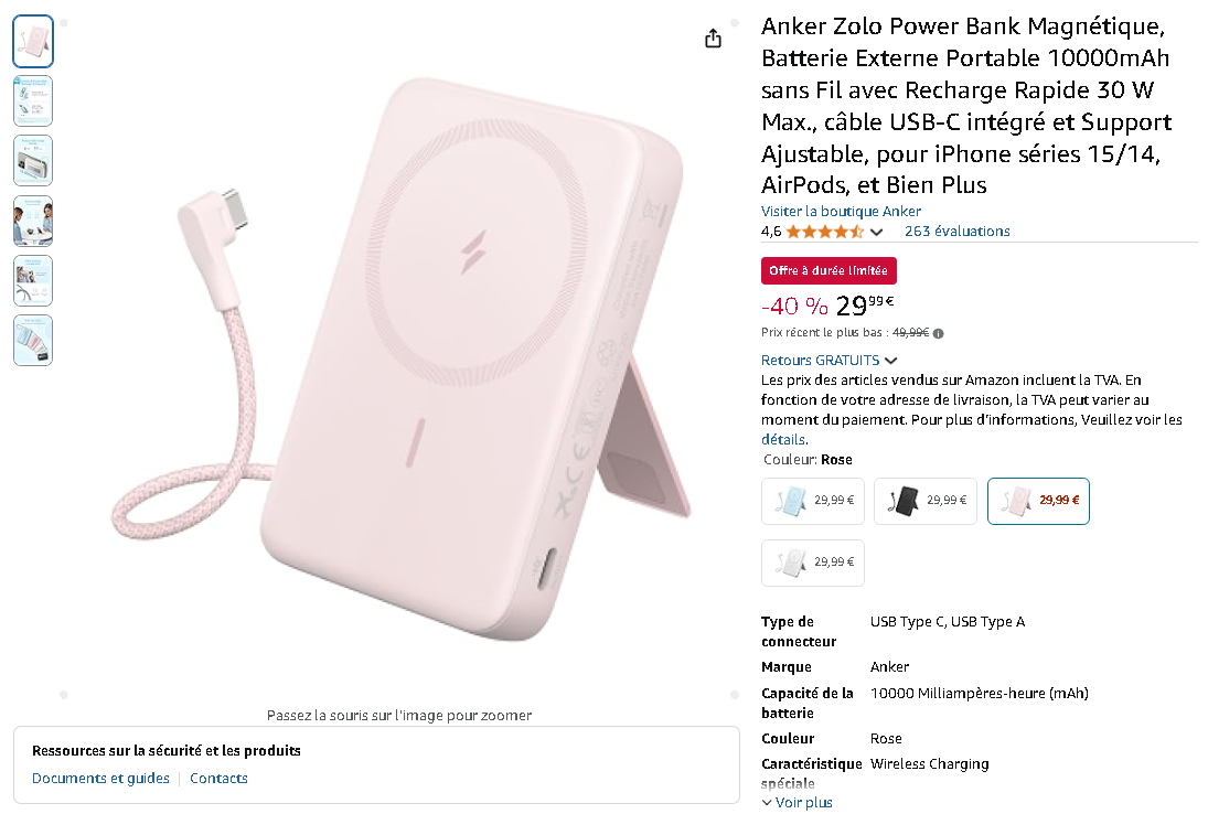 Capture d'écran de la Power Bank Anker Zolo sur Amazon