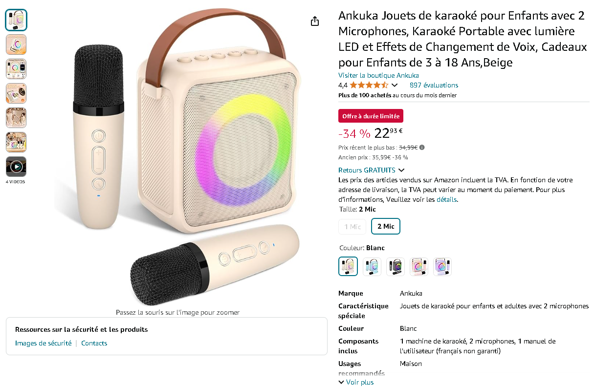 Capture d'écran de la page des Ankuka Karaoké sur Amazon