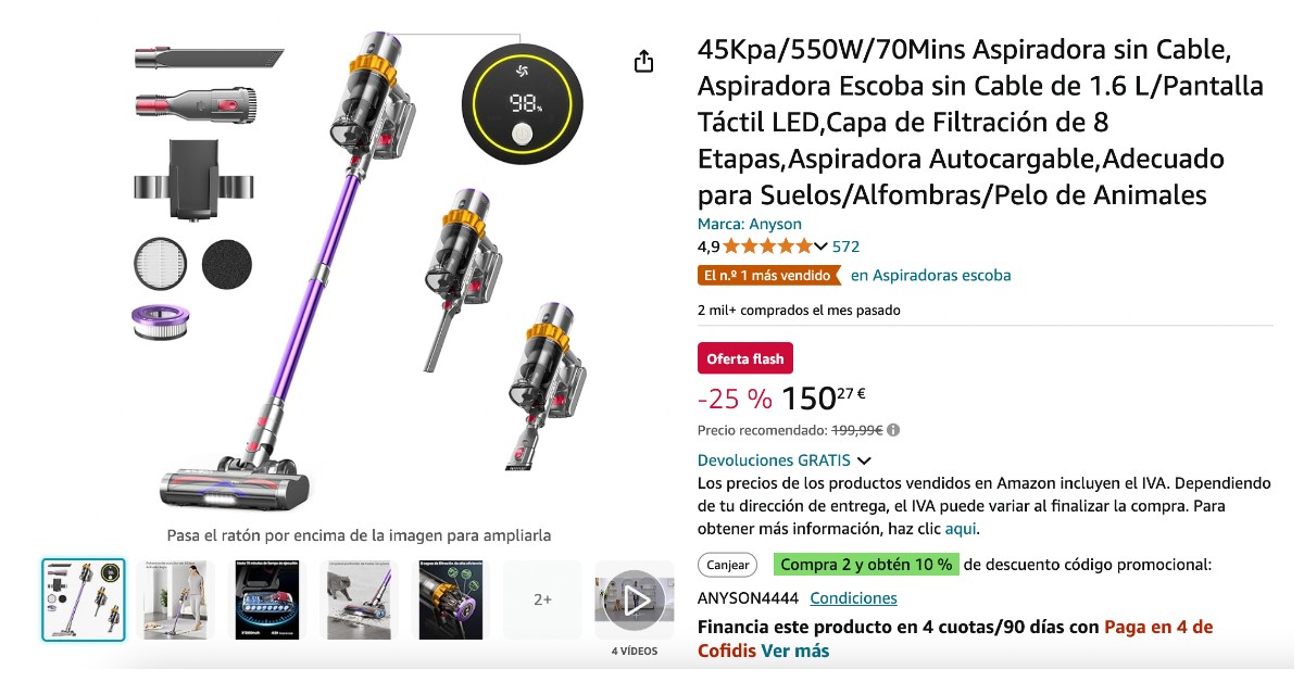 Aspirador sin cable Anyson con 49€ de descuento¡Una oferta por tiempo limitado!