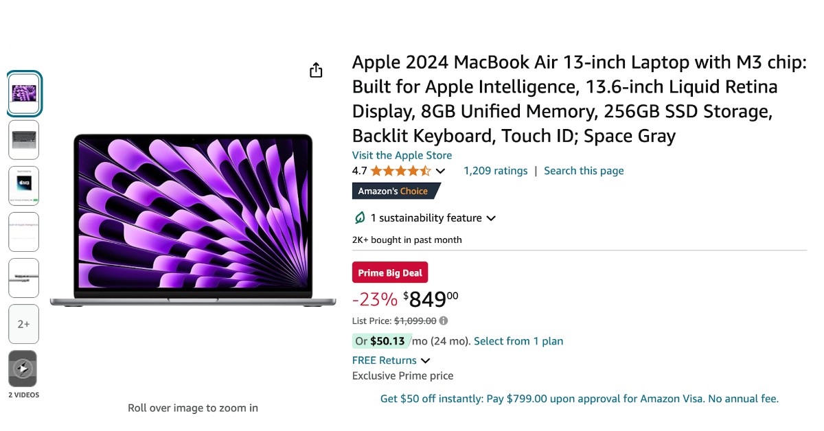 Apple 2024 MacBook Air 13-inch Laptop with M3 Chip - $250 OFF Big Deal!