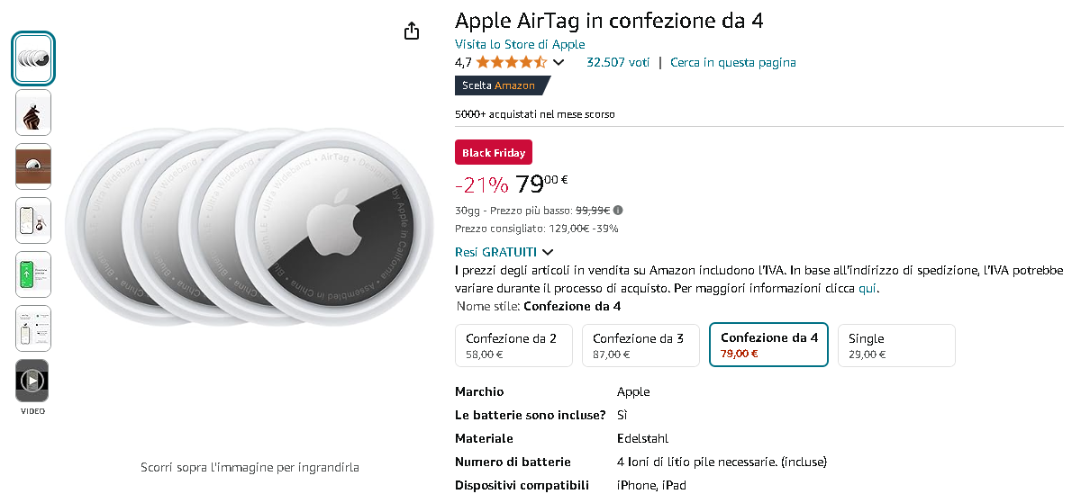 Screenshot della pagina Apple AirTag