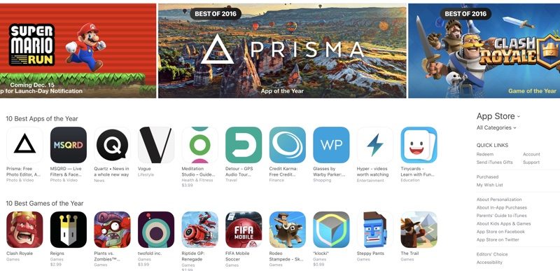 Apple опубликовала список самого популярного контента App Store за 2016 год