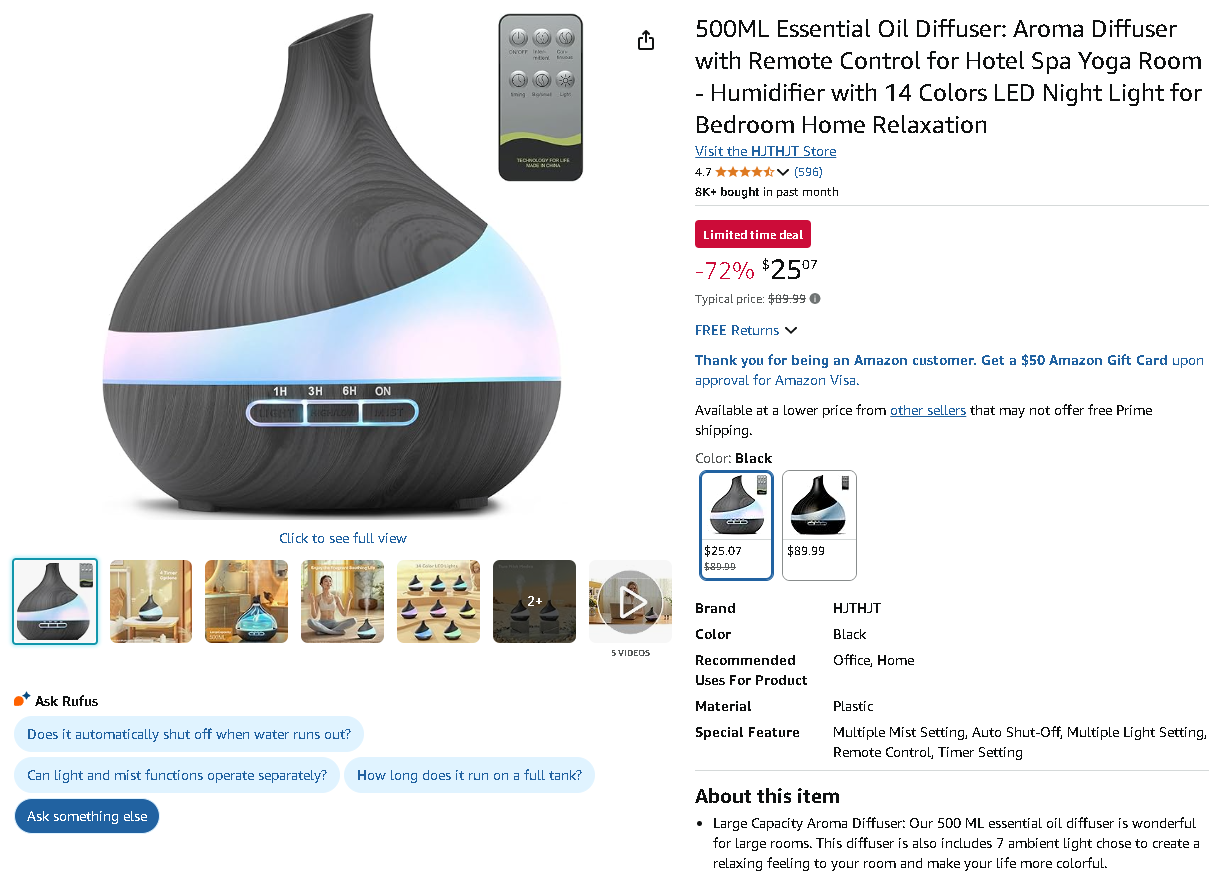 HJTHJT Aroma Diffuser Screenshot of the HJTHJT Aroma Diffuser from Amazon