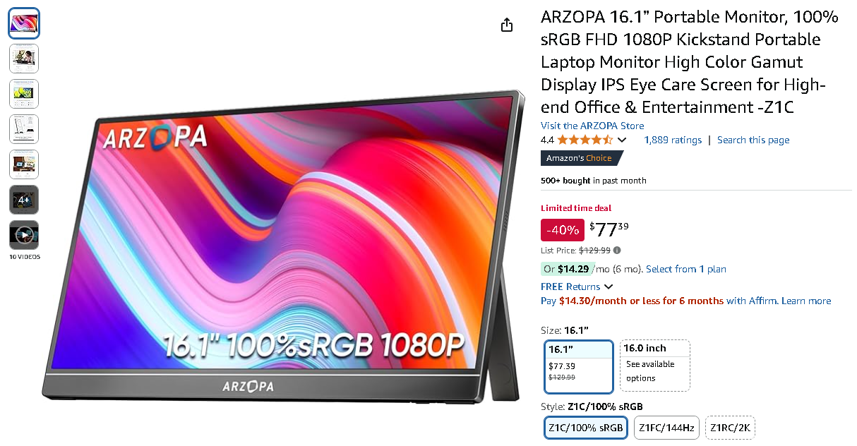 Screenshot of the ARZOPA Portable Monitor
