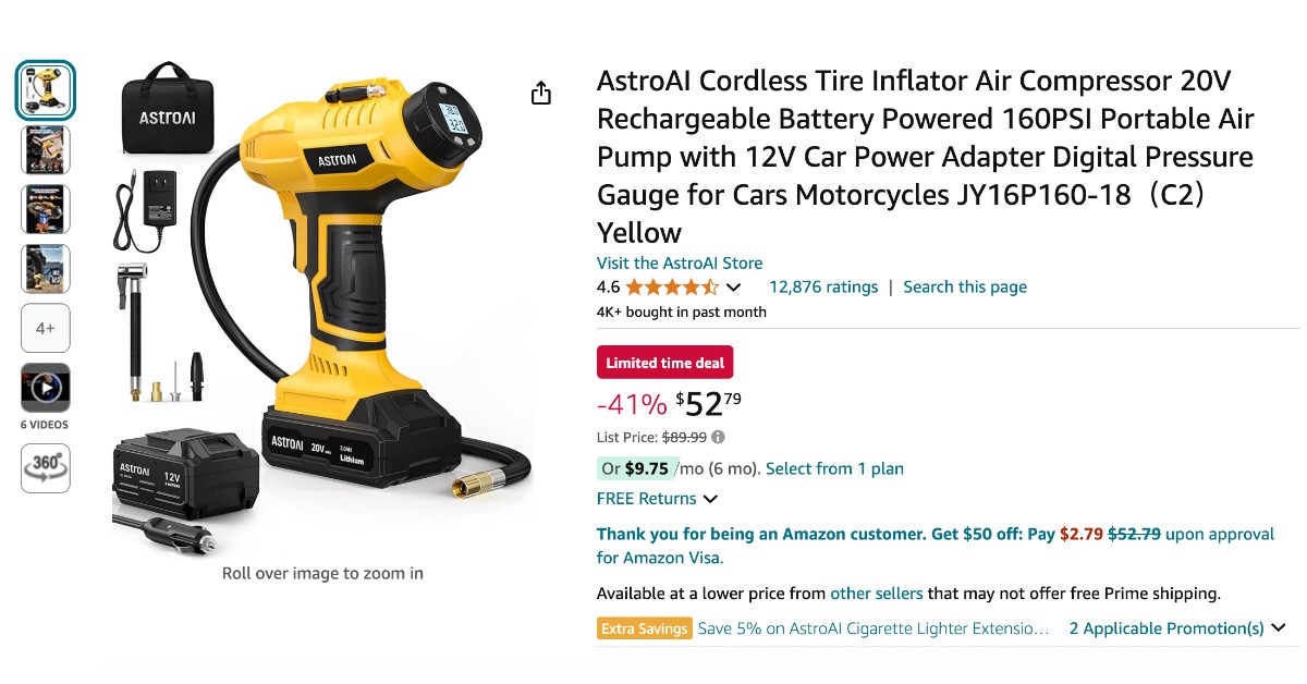 AstroAI Cordless Tire Inflator Air Compressor - Now $37 Discount!