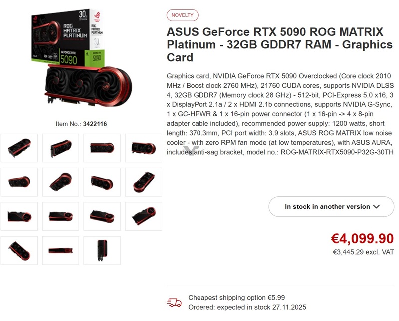 Prices for ASUS ROG Matrix GeForce RTX 5090 in Germany