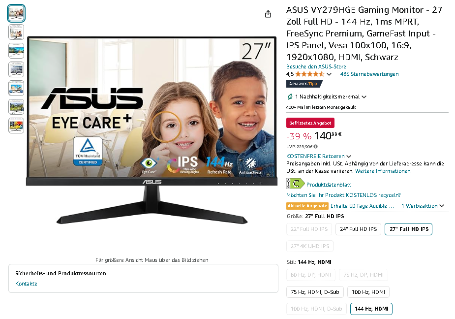 Screenshot der ASUS VY279HGE Gaming Monitor