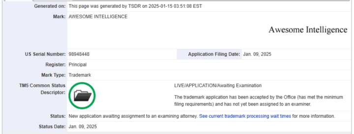 Знімок екрана торгової марки «Awesome Intelligence» у США