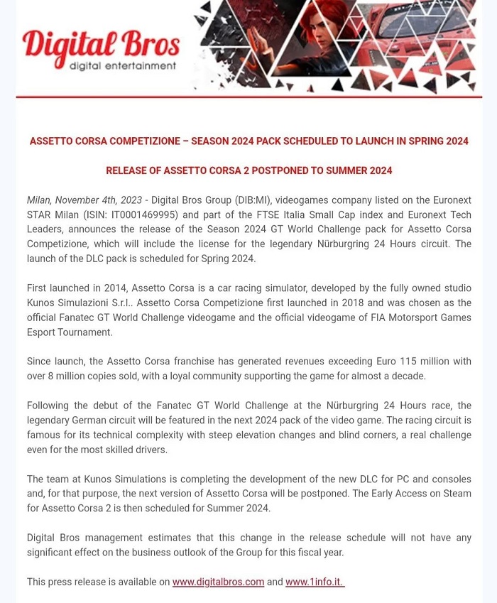 Lanzamiento del simulador de carreras Assetto Corsa 2: no saldrá como pronto hasta el verano de 2024-2