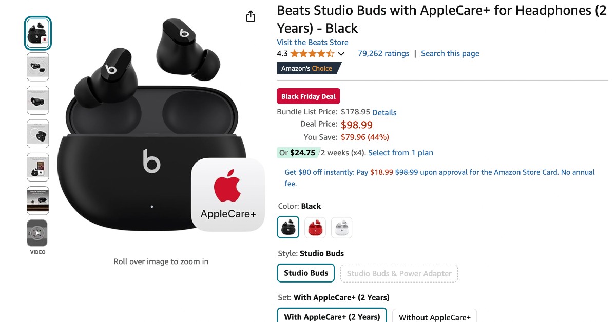 Beats Studio Buds with AppleCare+ for Headphones - Black Friday $79.96 OFF! 