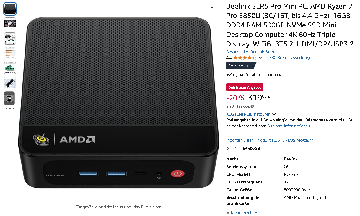 Screenshot des Beelink SER5 Pro Mini PCs