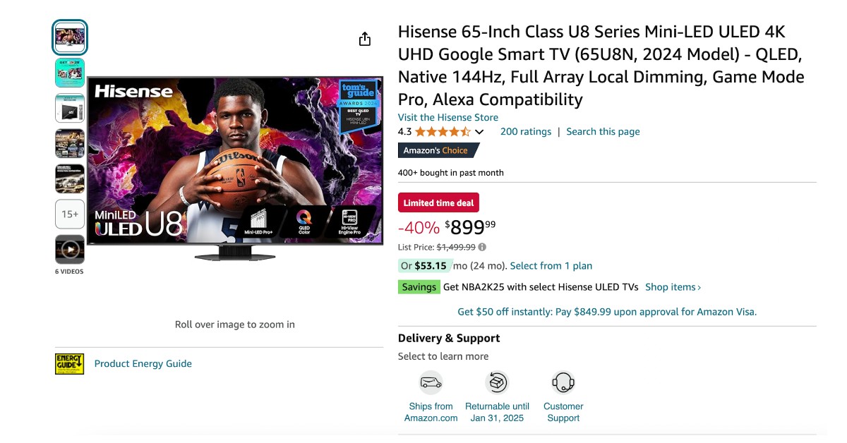 Hisense 65-Inch U8 Google Smart TV with a $600 Discount! Don't miss it!