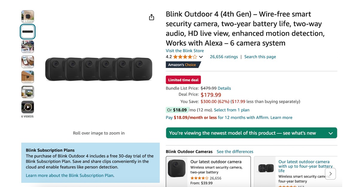 Blink Outdoor 4 (4th Gen) 6 camera system - $300 OFF Now!