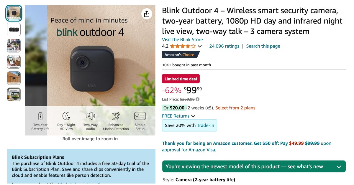 Blink Outdoor 4 Wireless Smart Security Camera - Now $160 Off!