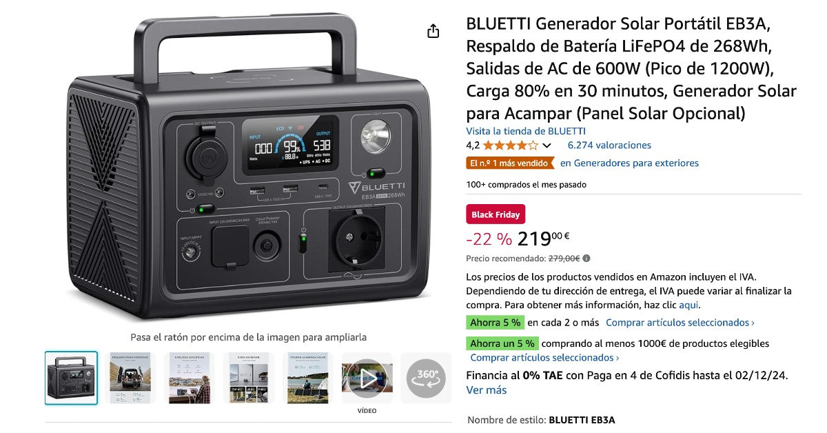 Generador Solar Portátil BLUETTI EB3A por 60€ de descuento - ¡Rebajas Black Friday!