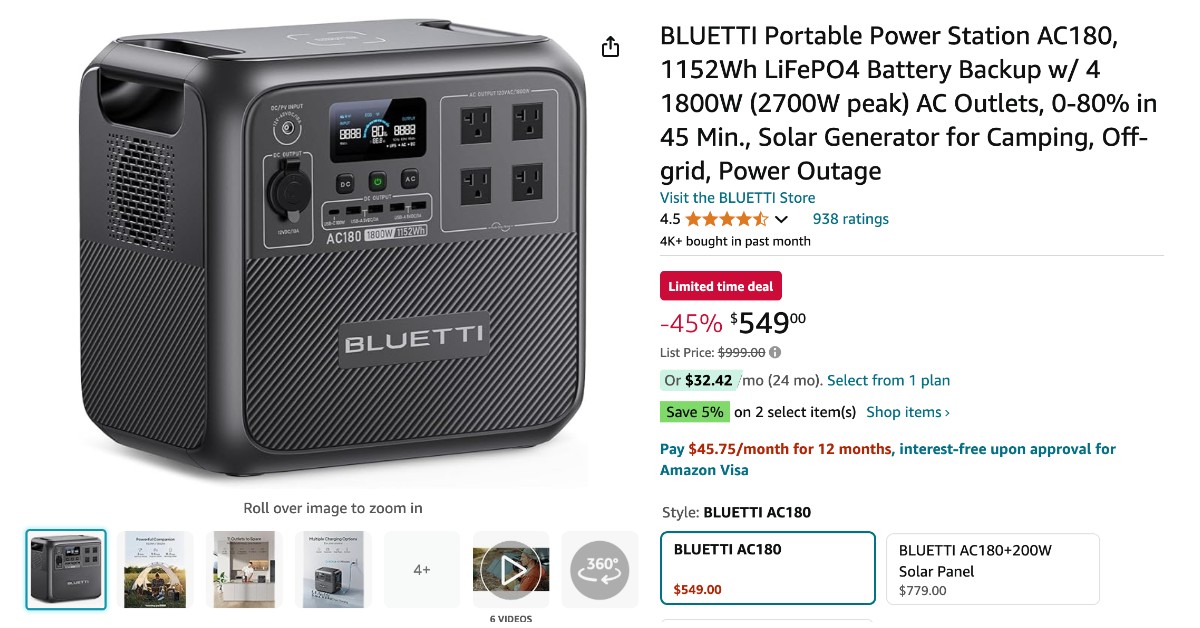 BLUETTI Portable Power Station AC180 - Big Deal $450 OFF!