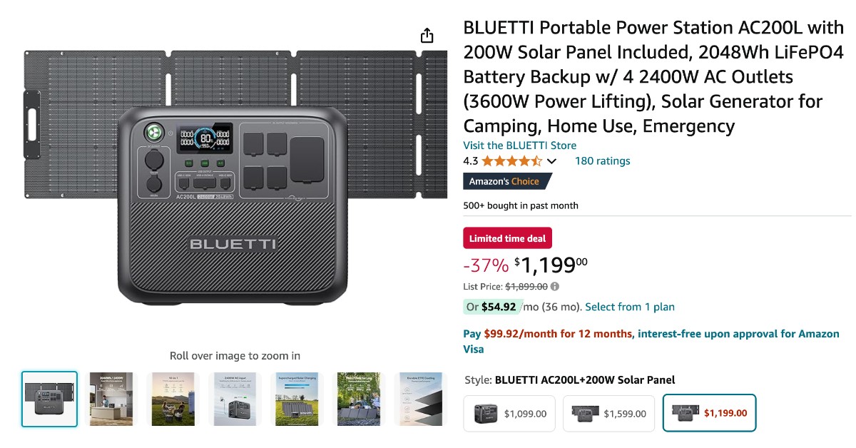 BLUETTI Portable Power Station AC200L with 200W Solar Panel - Now $700 Off!