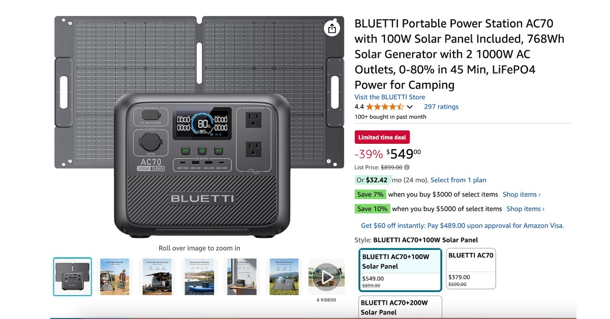 BLUETTI Portable Power Station AC70 with a 100W Solar Panel - Now $350 Off!