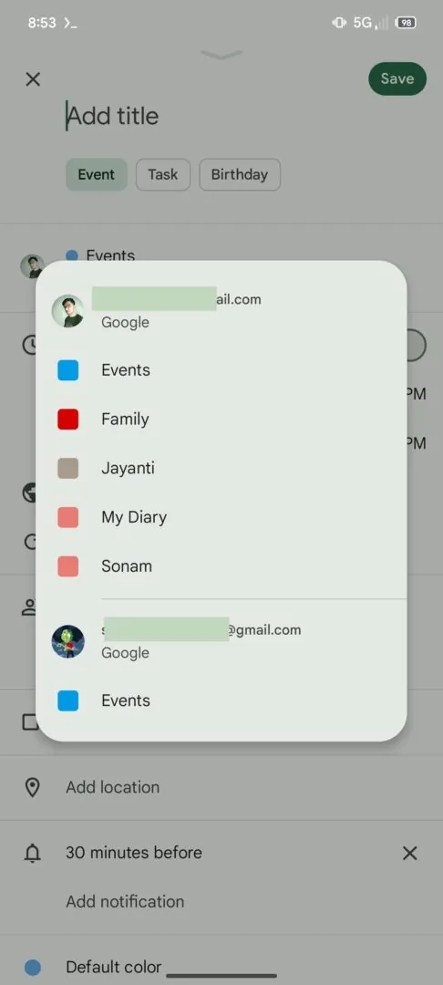 Select a calendar for an event in Google Calendar