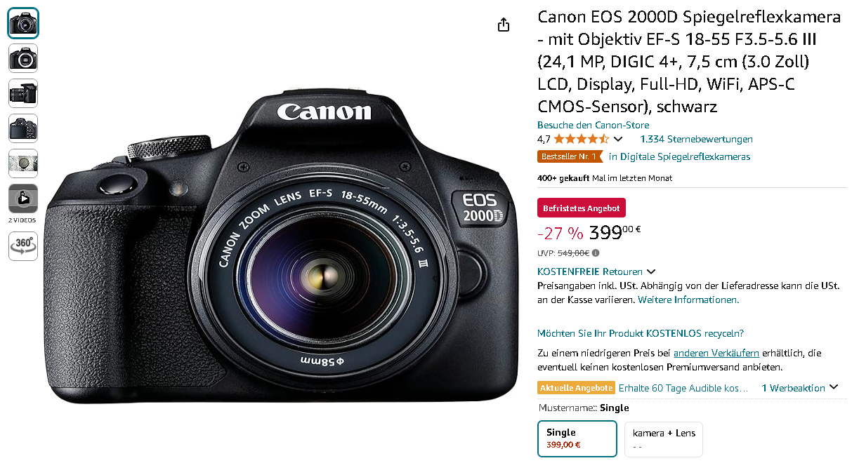 Screenshot der Canon EOS 2000D