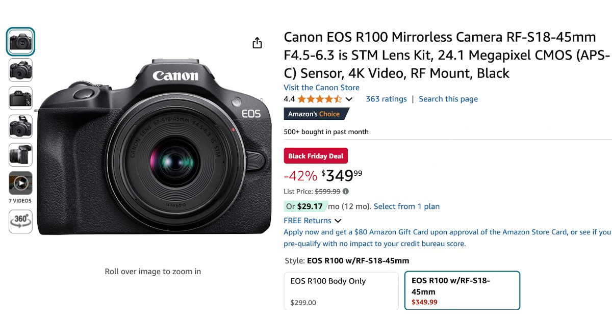 Canon EOS R100 Mirrorless Camera - $250 Discount! Great Opportunity!