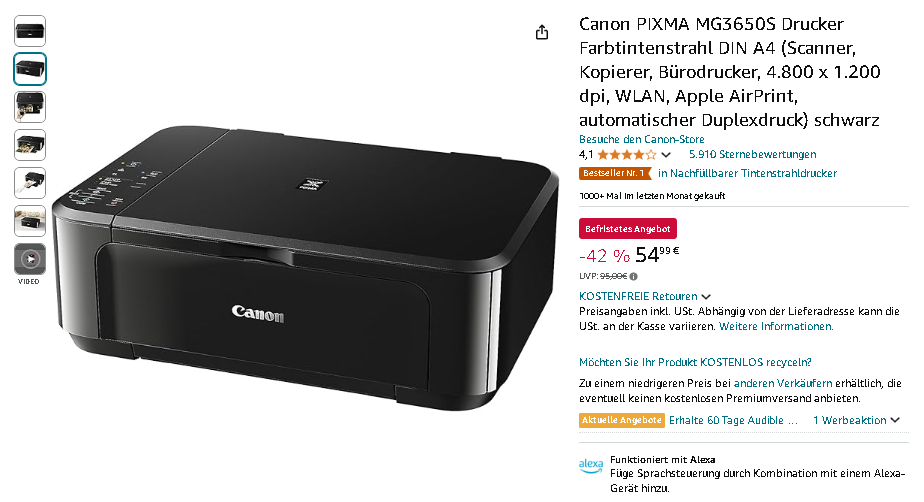 Screenshot der Canon PIXMA MG3650S