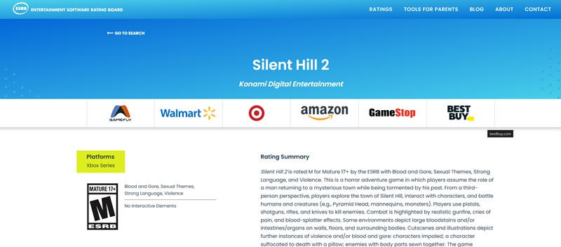 Silent Hill 2 Remake ESRB рейтинг для Xbox Series