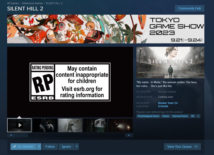 Une nouvelle présentation du remake de Silent Hill 2 aura lieu au Tokyo Game Show 2023, comme l'indiquent des informations sur la page Steam du jeu.-2