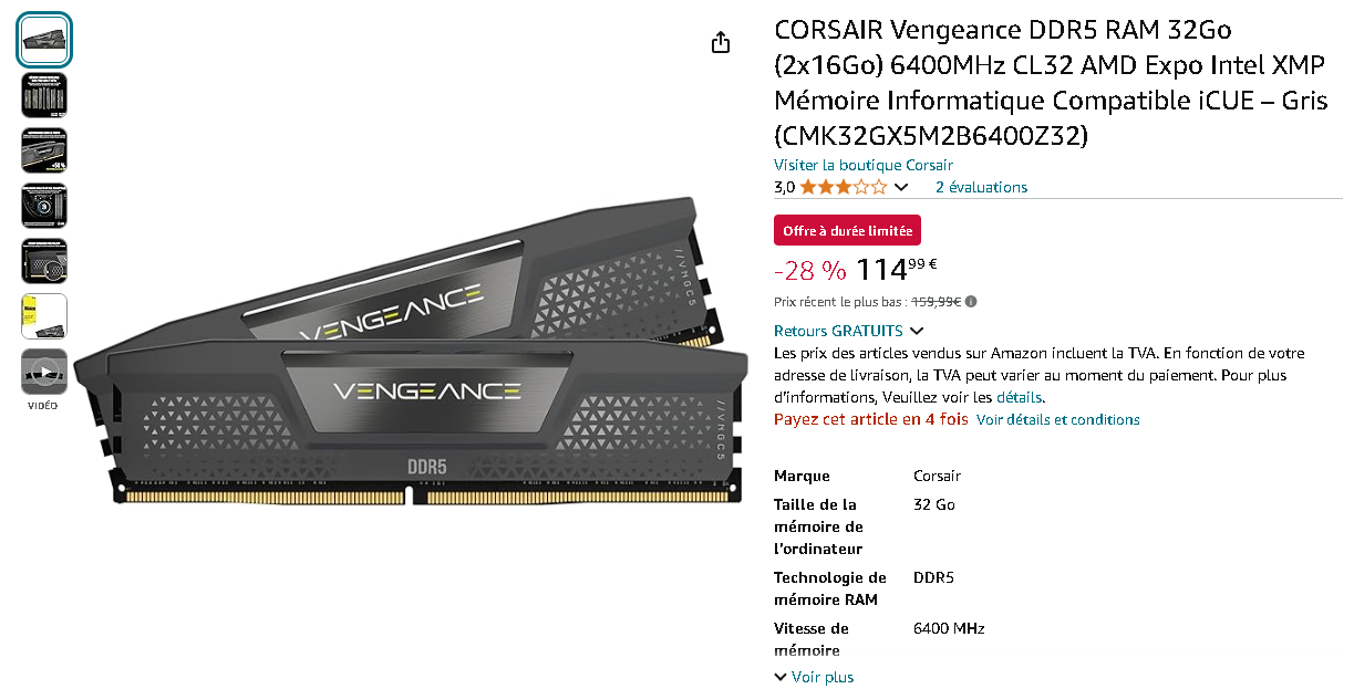 Capture d'écran de la mémoire CORSAIR Vengeance DDR5 sur Amazon