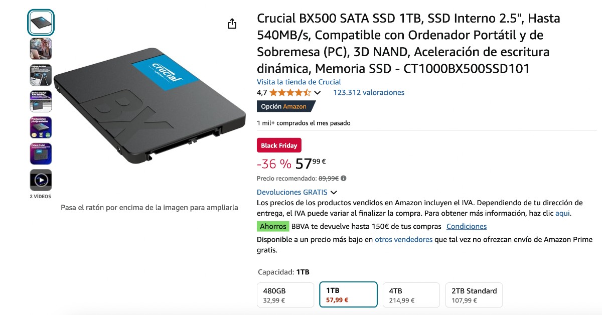 Crucial BX500 SATA SSD 1TB con un descuento de 32€. ¡Oferta Black Friday!