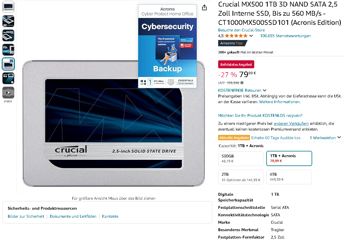 Screenshot der Crucial MX500 SSD